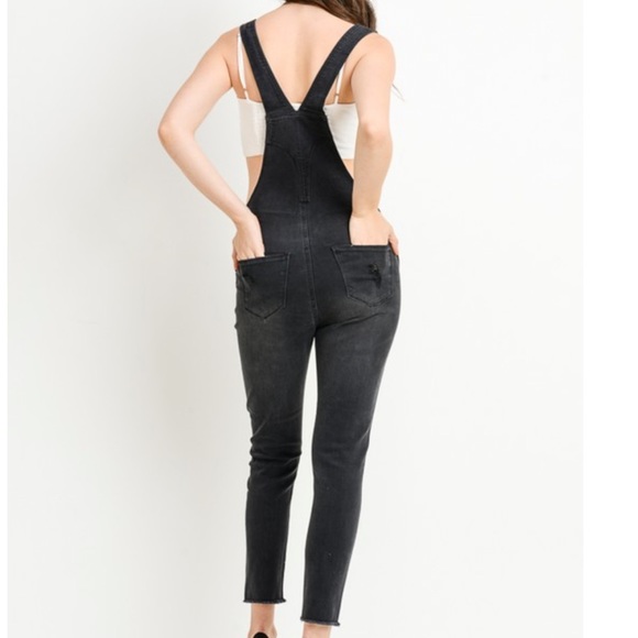 🆕DARK GREY-BLACK Stretchy Ripped Knee Distressed Zip Front Denim Overalls NWT - Picture 7 of 11